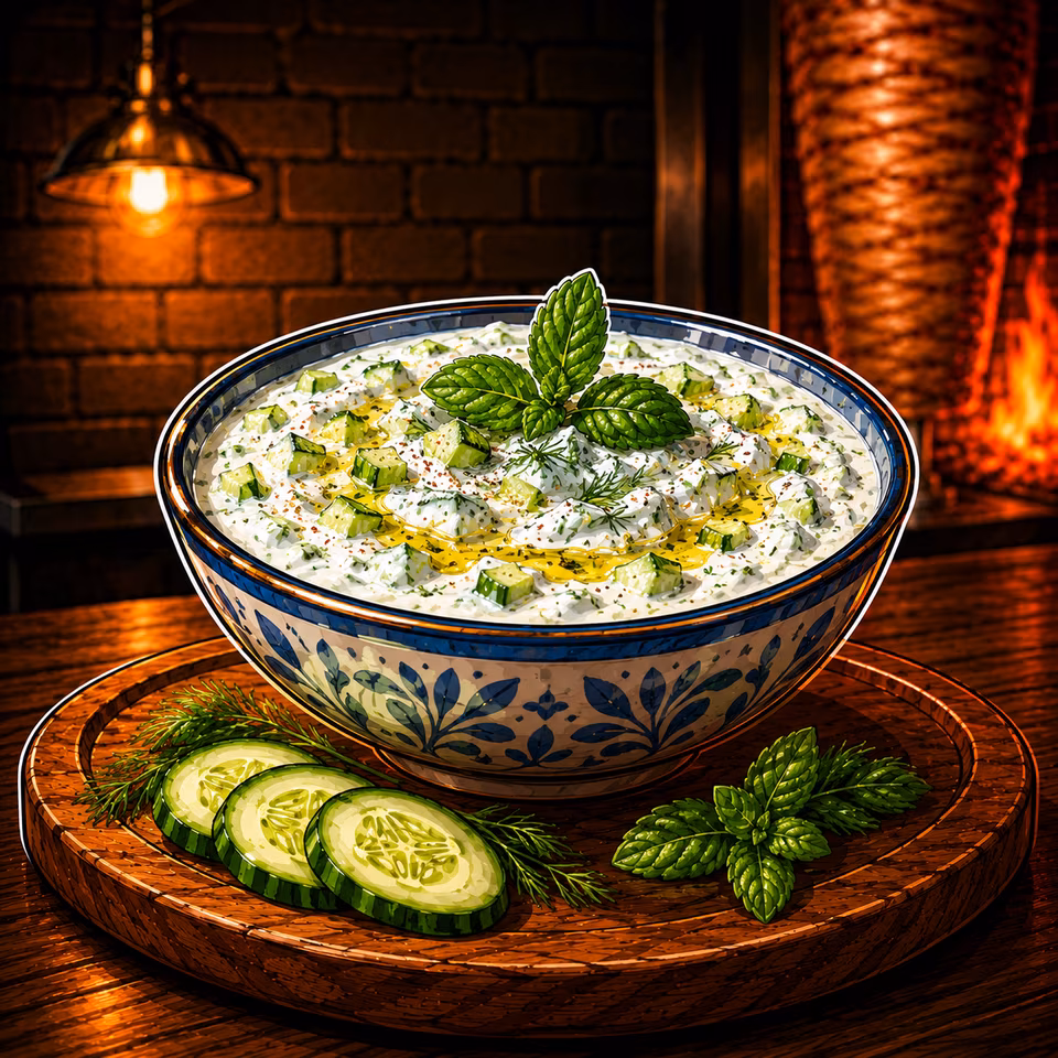 Un bol de cacık frais au concombre et à la menthe